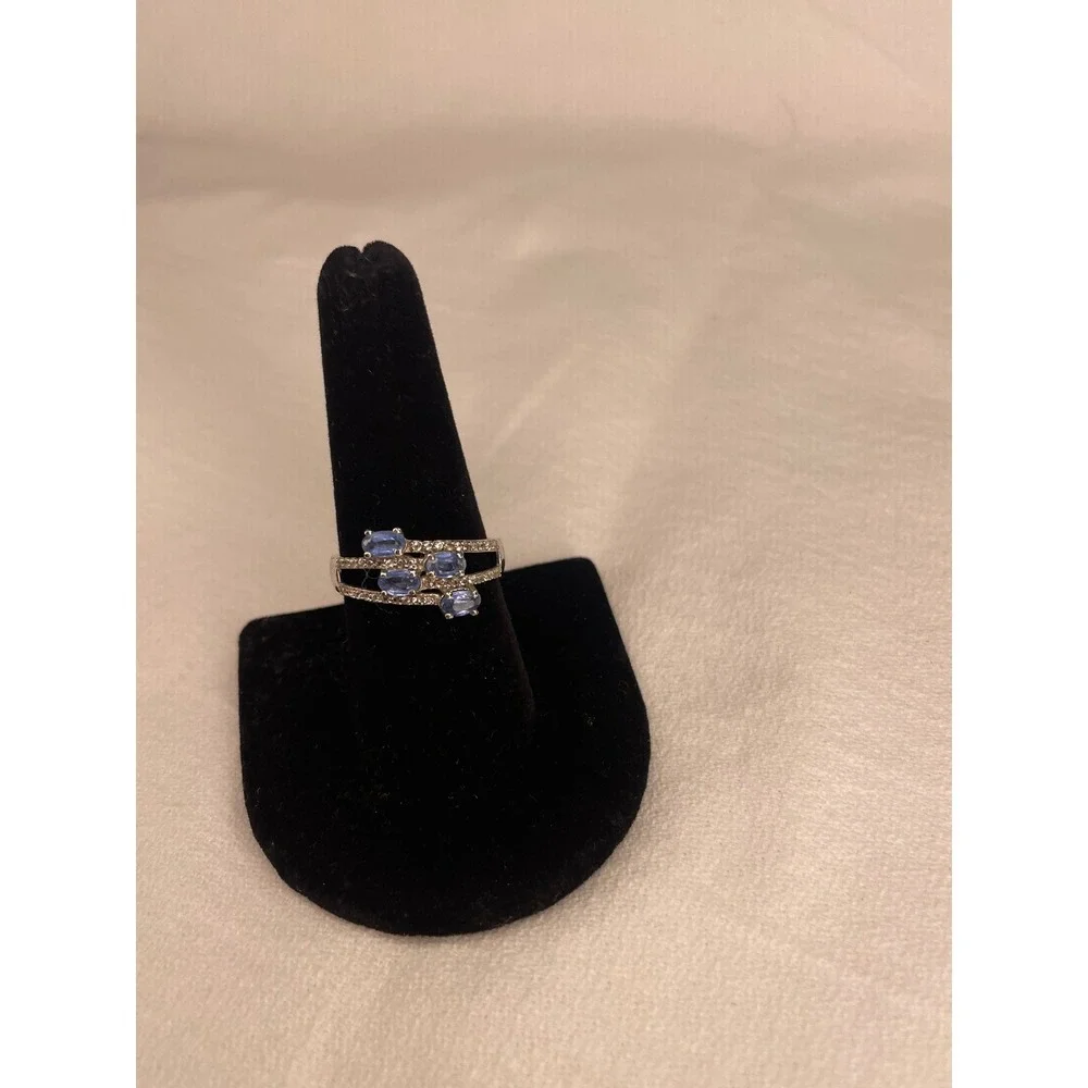 Sterling Silver 925 Multi Row Oval Blue Topaz Pavé Accent Ring Size 8.5